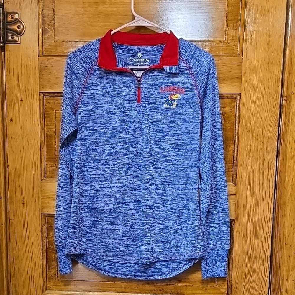 Colosseum Blue and Red Long Sleeve Kansas KU Jayhawk Tee with Quarter-Zip L NWT